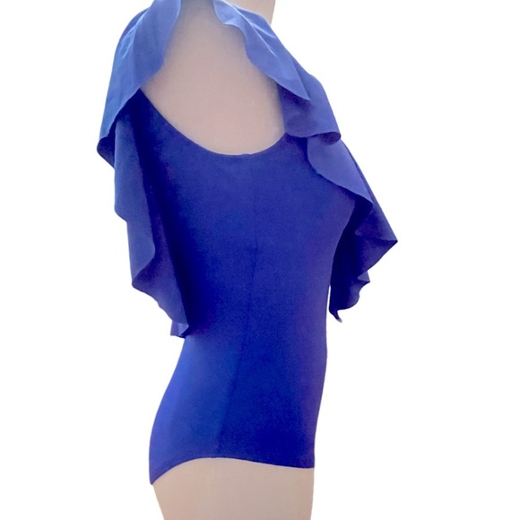 La Blanca Ruffled One Piece Swimsuit Blue V-Neck Size Small Excellent Summer - Picture 3 of 4